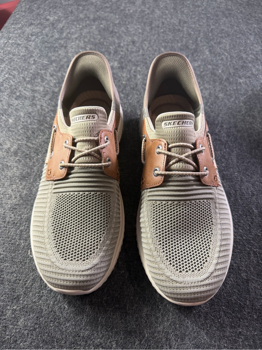 Skechers Men's Slip-On Knit Loafers in Taupe and Brown Delson 3.0
